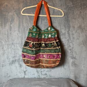 Boho Indian Style Embroidered Sequin Patchwork Shoulder Tote Bag Multicolor